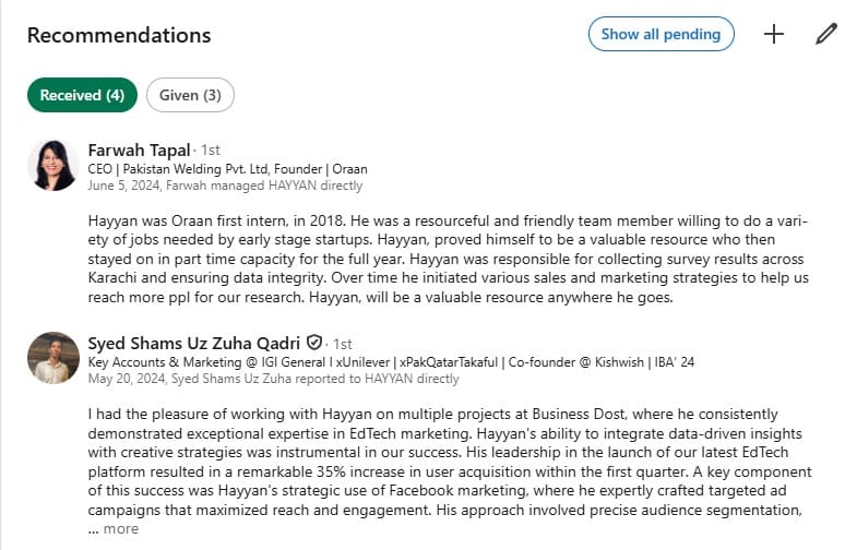 LinkedIn Recommendation Section | LinkedIn Recommendation Example | Recommendation on LinkedIn