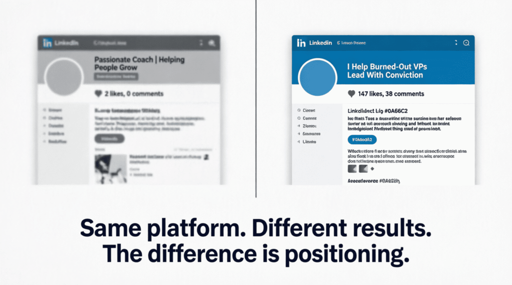 "Split screen comparison of a generic LinkedIn coach profile versus an optimized personal branding coach profile"