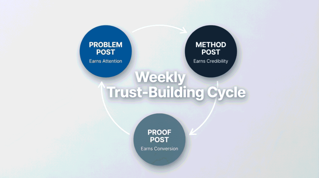 "Weekly content cycle infographic for coaches personal branding on LinkedIn showing problem method and proof posts"