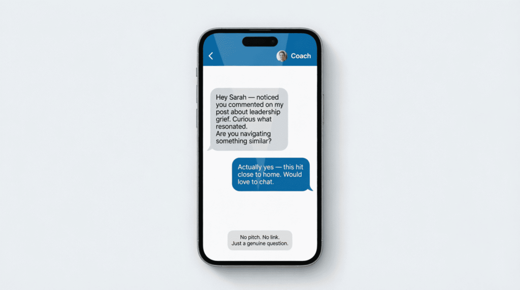 "LinkedIn DM example showing how a personal branding coach converts profile visitors into warm leads without pitching"