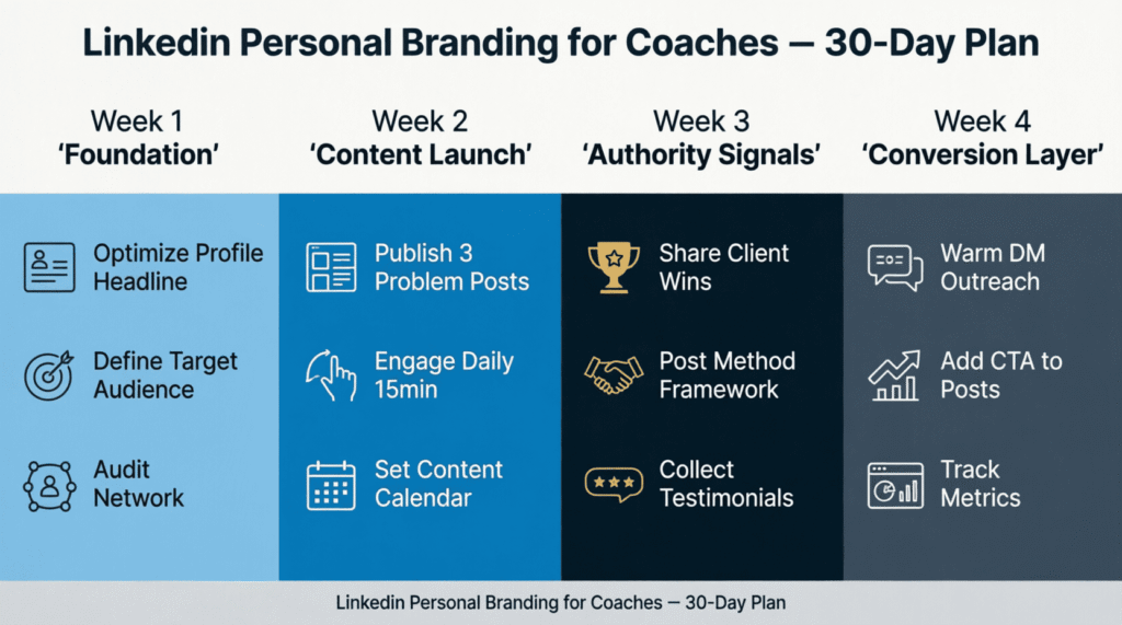 "30 day LinkedIn personal branding plan for coaches broken into foundation content authority and conversion weeks"
