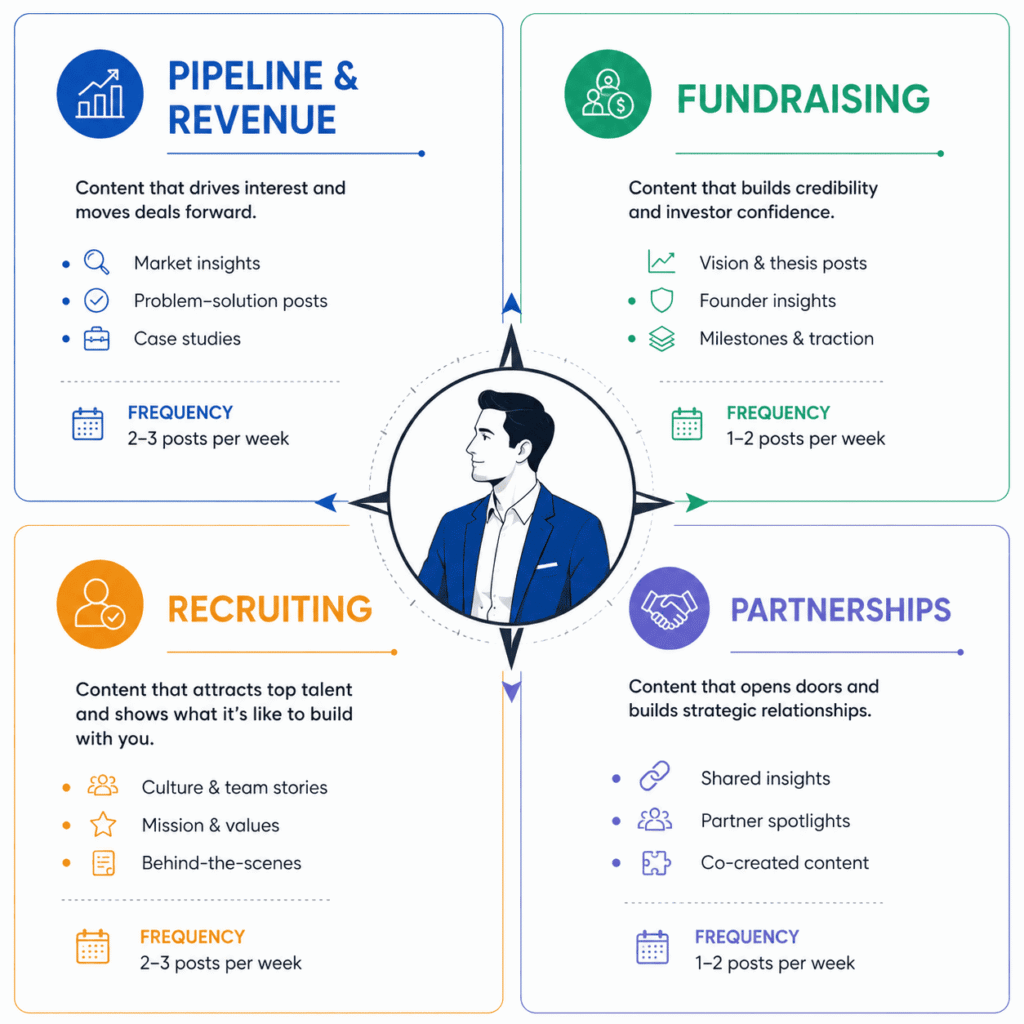 "Quadrant grid showing executive LinkedIn content strategy by business goal pipeline, fundraising, recruiting, and partnerships each requiring a different content approach."