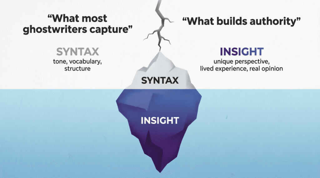  "Diagram showing the thinking translation gap in LinkedIn ghostwriting — the difference between capturing an executive's tone versus extracting their genuine insight."