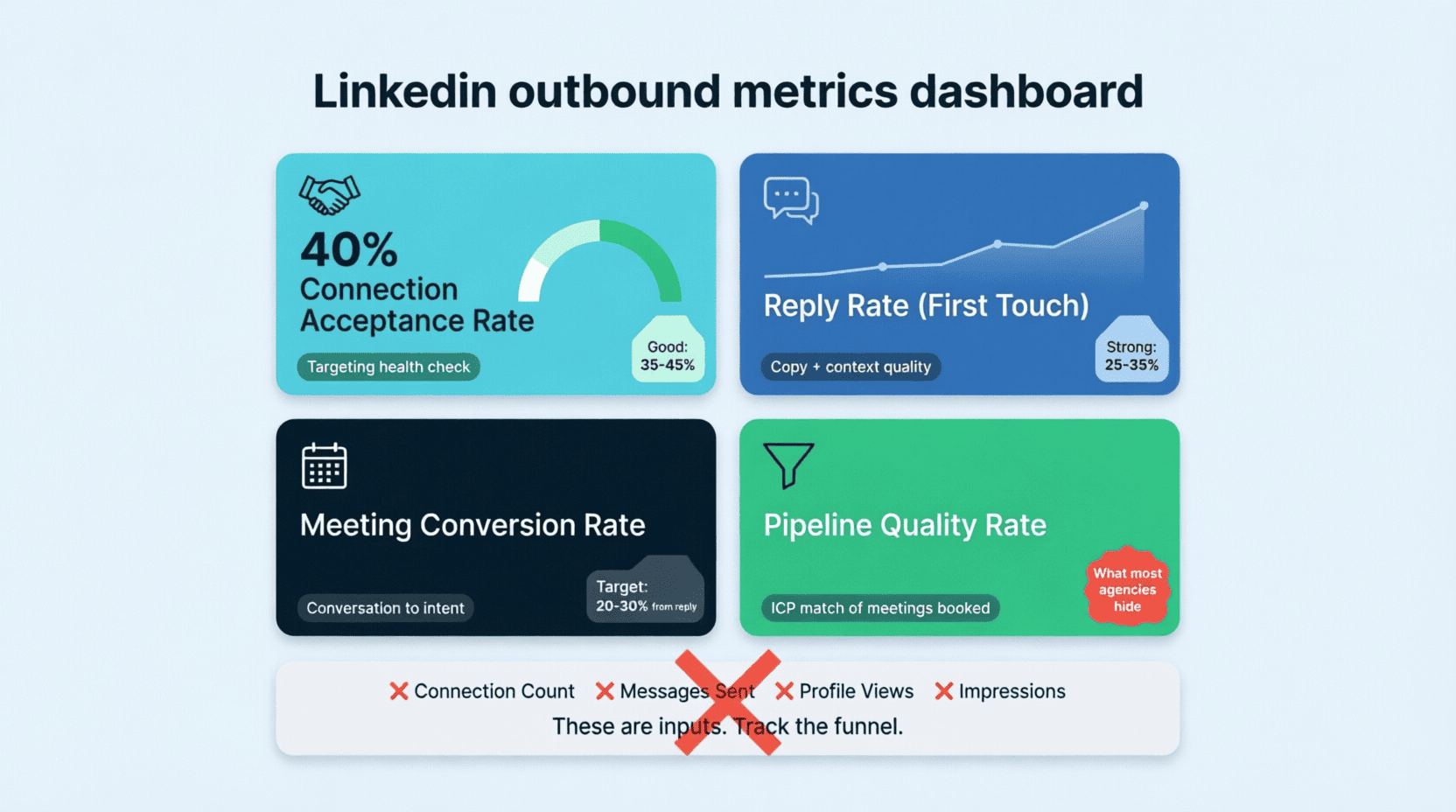 "LinkedIn outbound metrics dashboard showing key KPIs: connection acceptance rate, reply rate, meeting conversion, pipeline quality"