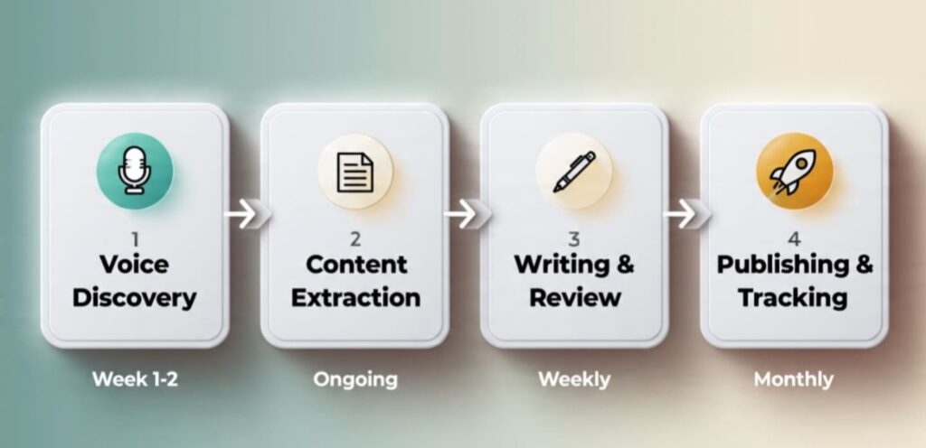 "Four-phase process diagram of how a LinkedIn ghostwriter works: voice discovery, content extraction, writing and review, and publishing with performance tracking."